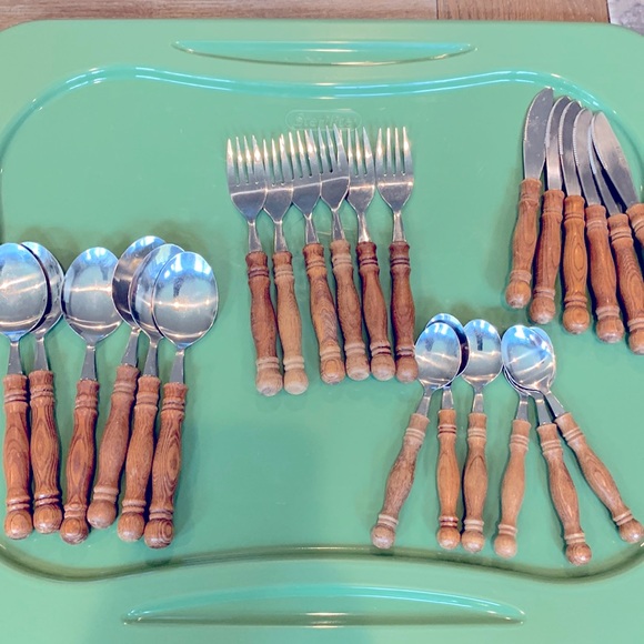 VTG MCM Taiwan stainless steel wood Utensils fork spoon knife 36 pc silverware - Picture 1 of 9